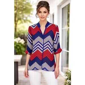 Zac & Rachel Chevron Red Blue Gray Geometric V- Neck Career Asymmetric Top, Lg